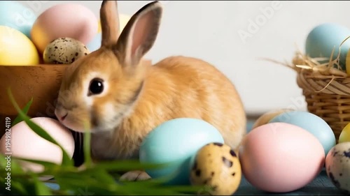 Cute Bunny Rabbit Sitting Among Colorful Easter Eggs in Basket with Green Grass Background
