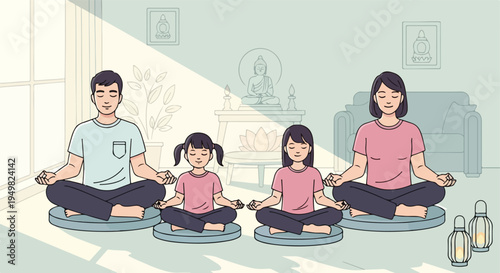 Family meditating peacefully at home, with Buddha statues and lanterns