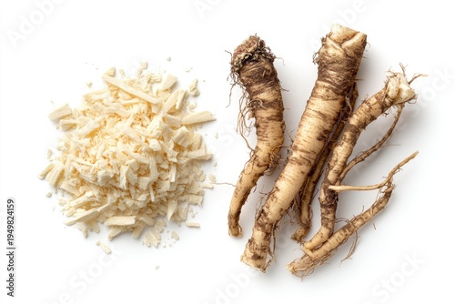 Fresh burdock root and shredded vegetable.