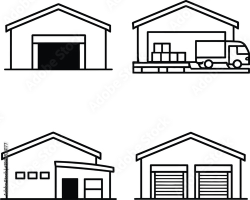 Schilderij op canvas Black and white line of four different garages and a loading dock warehouse truc