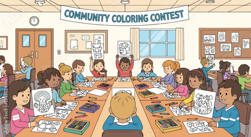 Children happily participate in a community coloring contest in a classroom
