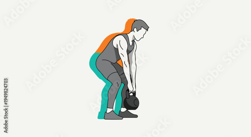 A minimalist illustration depicts a person in a bent-over position, lifting a kettlebell