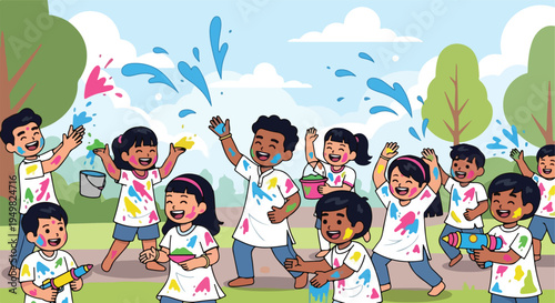 Joyful children celebrate with colorful powder and water guns outside