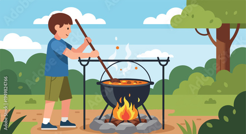Boy cooking a stew over a campfire in a forest setting