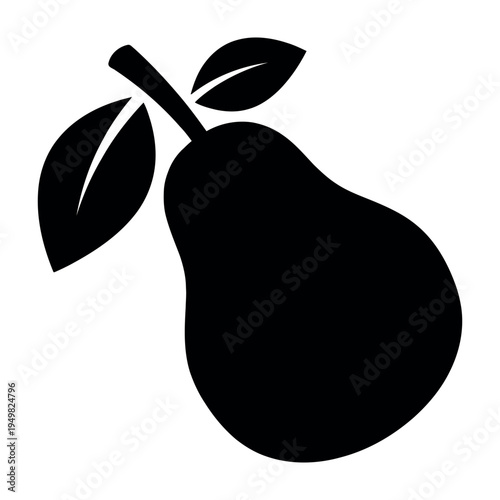 Minimalist black silhouette of a fresh pear fruit with stem and two green leaves