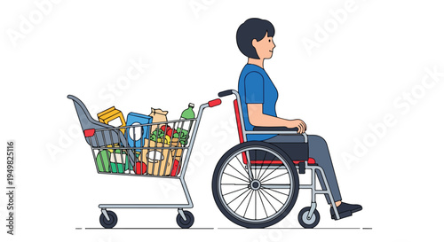 Person in wheelchair with full shopping cart, ready to go home