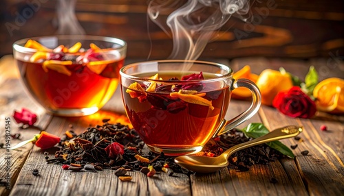 Two cups of herbal tea with steam, fruit and flowers on wooden table