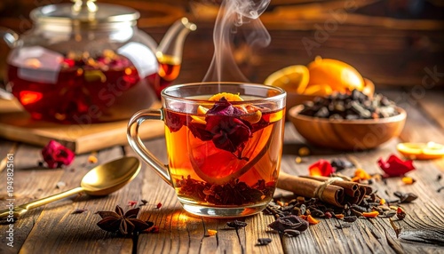 Warm cup of herbal tea with flowers and spices on wooden table