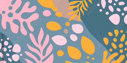 Abstract botanical illustration with overlapping shapes and soft colors