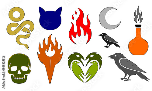 Collection of colorful dark fantasy and occult icons including snake, devil, flame, crow, skull, and potion, perfect for Halloween, gothic, magic, and mystical themed designs