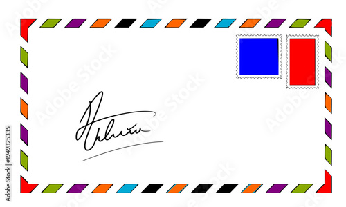 Classic airmail envelope with colorful border, postage stamps, and handwritten signature, ideal for postal, correspondence, communication, and vintage letter delivery concepts