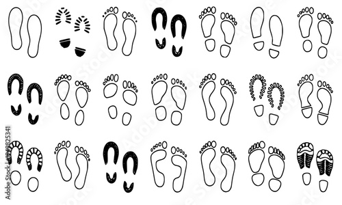  Collection of black outline human and shoe footprint icons including bare feet, boots, and heels, perfect for tracking, walking, travel, and step-by-step concept designs