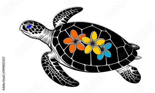Decorative sea turtle with colorful tropical plumeria flowers in mosaic style, perfect for Hawaiian beach themes, wildlife art, and nature-inspired designs