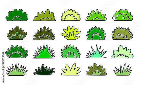 Collection of green cartoon bush and shrub icons in various shapes and styles, perfect for nature, garden, landscape, environment, and outdoor themed graphic design projects