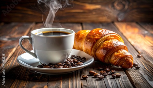 Hot coffee cup with croissant and coffee beans on wooden table