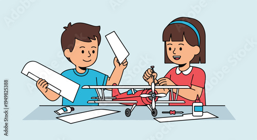 Two smiling children assemble a red biplane model at a table