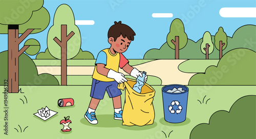 A child cleans up a park, collecting trash in a yellow bag near a blue bin