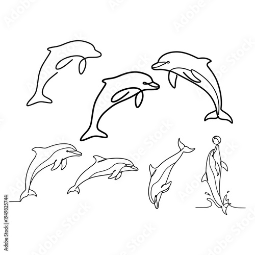 Dolphin silhouette and single line art aquatic animal vector set