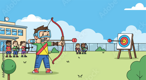 Children practicing archery outside a school building with a target and trees