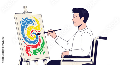 Person in wheelchair painting a colorful abstract artwork on a canvas