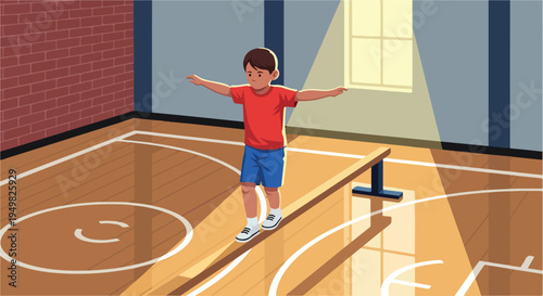 A young boy practices balancing on a beam in a sunlit gymnasium