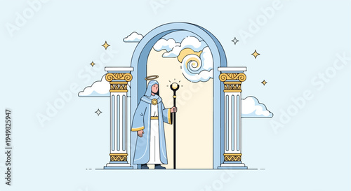 Stylized figure with halo and staff stands before an ornate archway