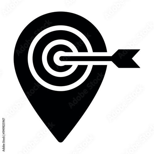 Black and white vector icon of a location pin with a target and arrow hitting center