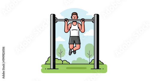 A man performs a pull-up on a bar in a park with trees and clouds