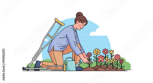 Person with crutches tending to a vibrant flower garden on a sunny day