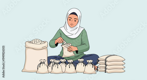 Woman in hijab carefully sorts grains from a large sack into smaller ones
