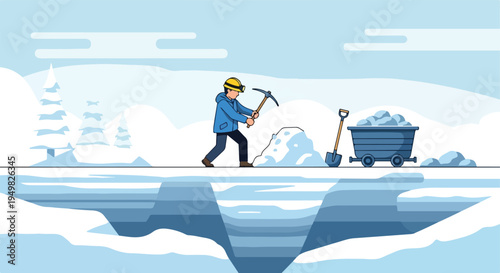 Miner with pickaxe and shovel in snowy landscape near mine cart