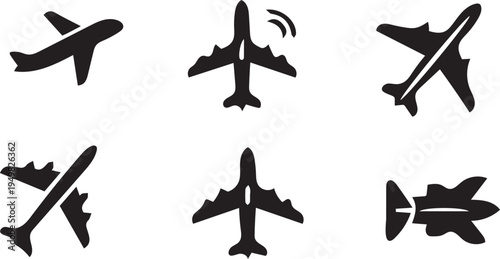 This curated set of six distinct black silhouette icons showcases various airplane models and flight orientations