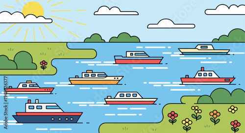 Animated sunny day on the water with multiple boats and colorful flowers