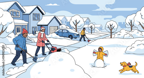 A snowy neighborhood scene with people shoveling snow and a child making snow angels