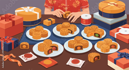A person in a red traditional garment places a mooncake near many gifts and pastries