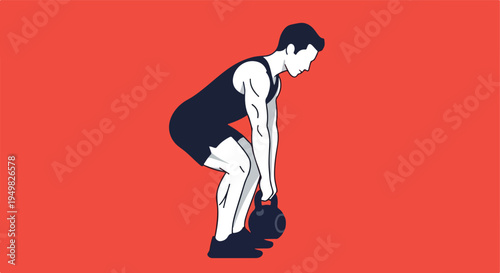 Minimalist illustration of a man performing a kettlebell deadlift against a solid red background