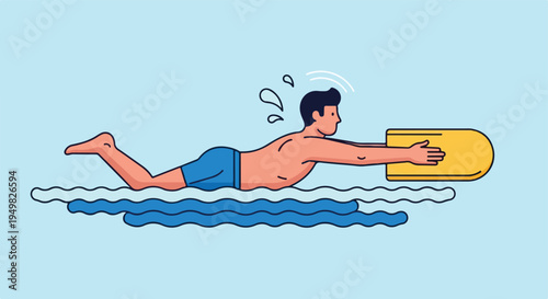 A person with dark hair and blue shorts swims with a kickboard in a pool