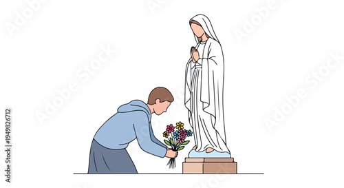 A person kneels to offer a bouquet of flowers to a draped statue