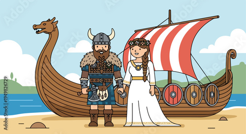 Viking couple with dragon ship on sandy beach under a blue sky