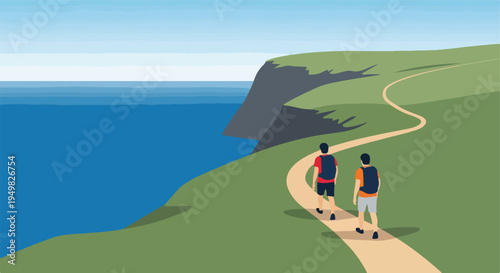 Two hikers with backpacks traverse a coastal path overlooking the blue ocean