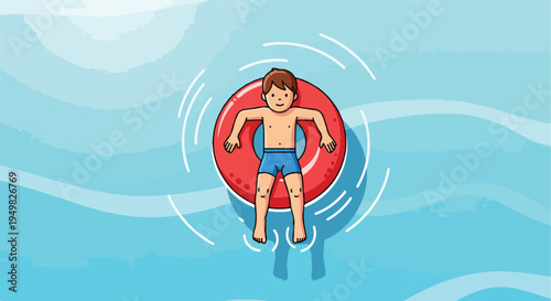 A boy enjoys a carefree float in a swimming pool on a red inner tube