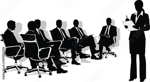 Black and white business meeting silhouette, female leader standing with document, five seated colleagues in modern office chairs, isolated on white,