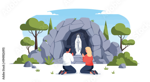 Two people kneel in prayer before a grotto with a statue of a woman