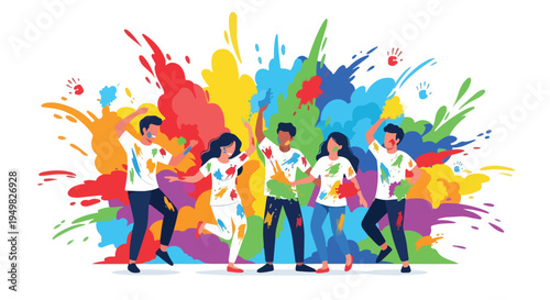 Diverse group of friends joyfully celebrating with vibrant splashes of color