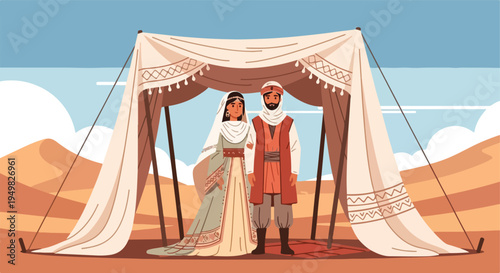 Desert dwellers in traditional attire stand under a tent with sand dunes behind them