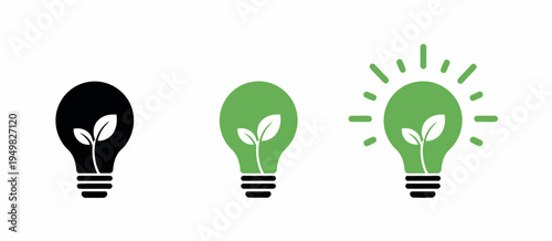 Nature energy concept with green leaf and lamp light symbols in flat vector icon collection