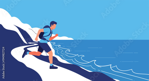 A man runs along a coastal path beside a blue ocean