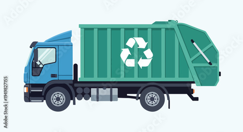 Blue garbage truck with recycling symbol on a light blue background