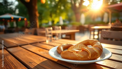 weisswurst. Beer garden table at dawn with weisswurst and pretzel on a white plate. bar promotions, beverage menus, designed for product packaging and bar promotions.