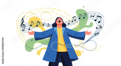 Expressive singer in blue coat and yellow shirt, surrounded by abstract shapes and musical notes